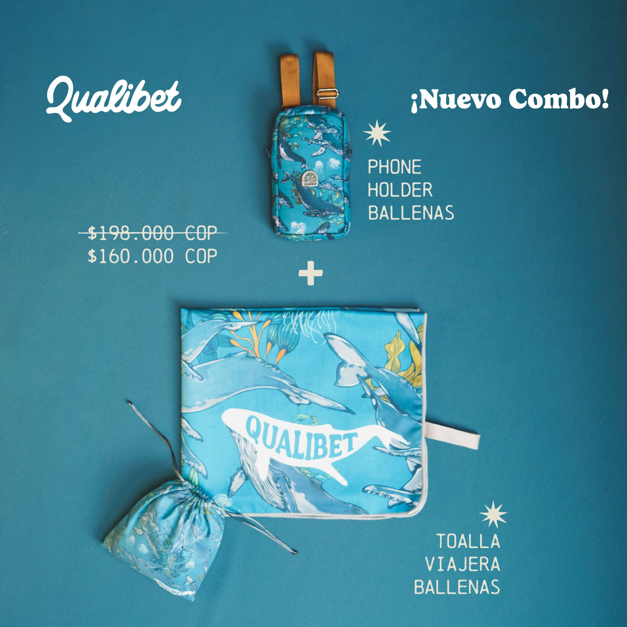 Combo Phone Holder Ballenas + Toalla Viajera Ballenas Imagen principal del producto